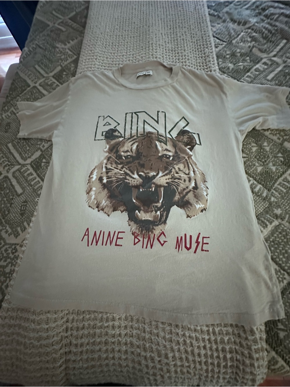 Anine Bing Cream Graphic Tiger Tee with Red Logo